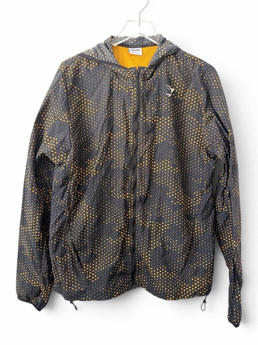 Gymshark Black Jacket with Yellow Triangle Print with Hood Mens size Large